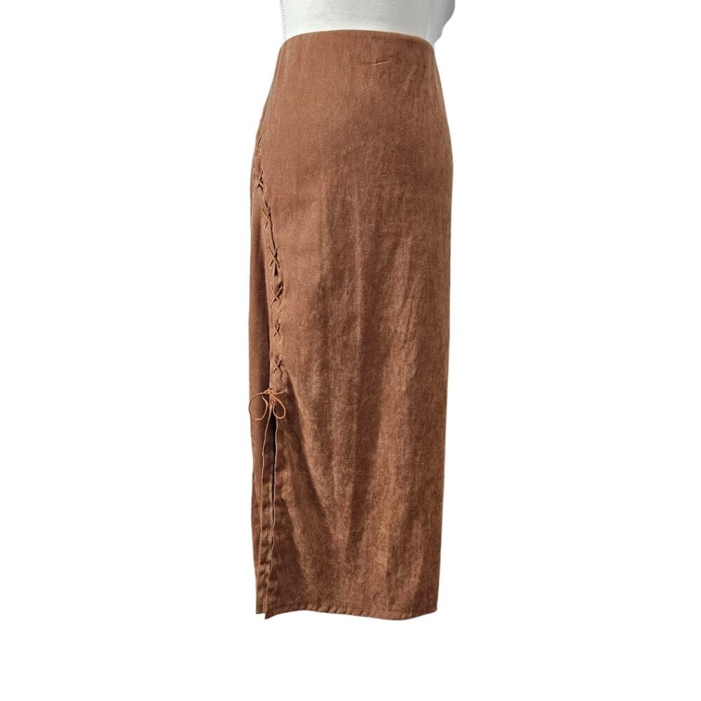 Fashion Bug Vintage Bohemian Lace Up Brown Suede Long Midi Pencil Skirt